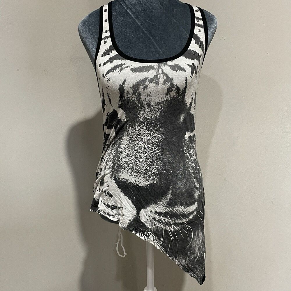 Express Tiger  Asymmetric Hem Racerback Tank Top Size XS Black Cotton Studded